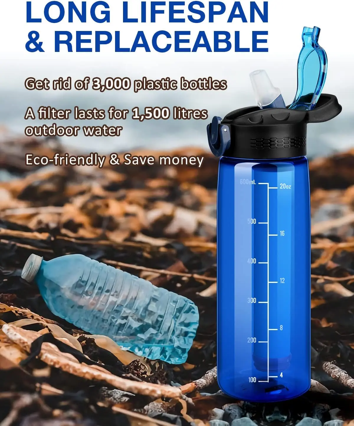 Water Filter Bottles With 2-stage Integrated Filter Straw For Hiking ...