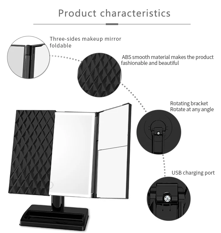 Touch Sensor Table Top Makeup Third Fold Make Up 10X Magnifying Tri Fold Makeup mirror