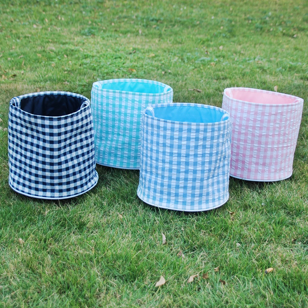 Baby Blue Light Pink Gingham Buckets Cute Bunny Candy Basket Plaid