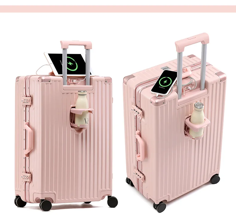 product 29 inch multifunctional pc trolley universal wheel spinner usb charging port aluminum frame new cup holder cartoon hard case-23