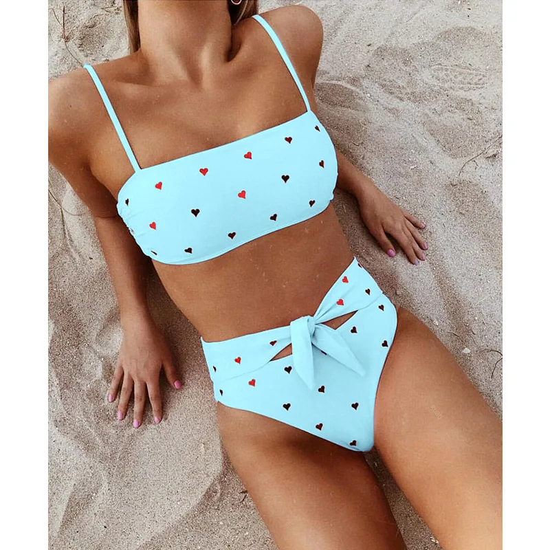 New Women Girls High Waist Bowknot Adjustable Shoulder Strap Sexy Triangle Heart Printing Two-piece Suit Swimwear Beach Bikini
