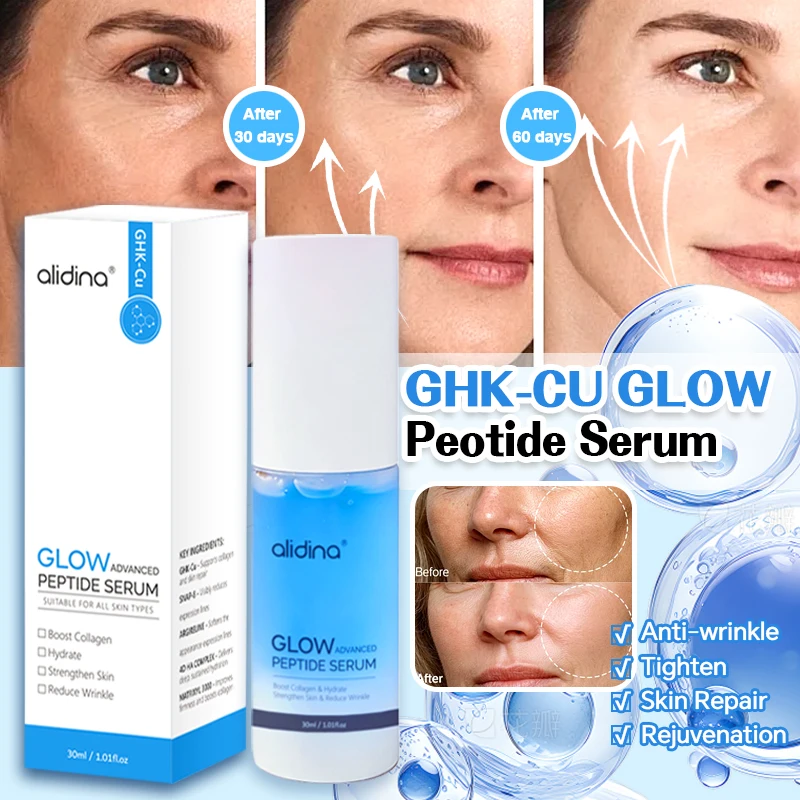 alidina ghk cu Wholesale Natural Organic Skin Care Blue Copper Peptide Anti-aging Serum Ghk-cu Copper Peptide Glow Lifting Serum Private Label hyaluronic acid and botanical Vitamin B 12 1000 Trazodone Hydrochloride Quantity:240 ml