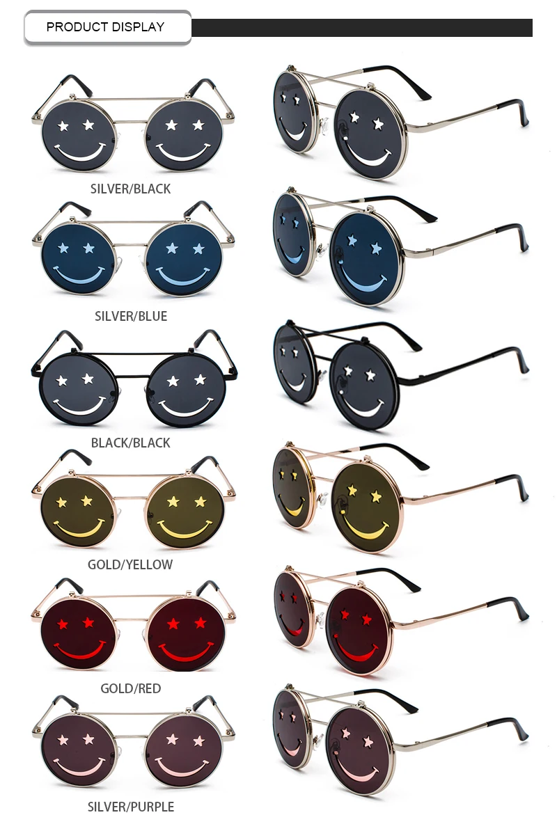 Fashion 2019 Newest Cat3 UV400 Round Men Smile Mirror Women Flip Sunglasses