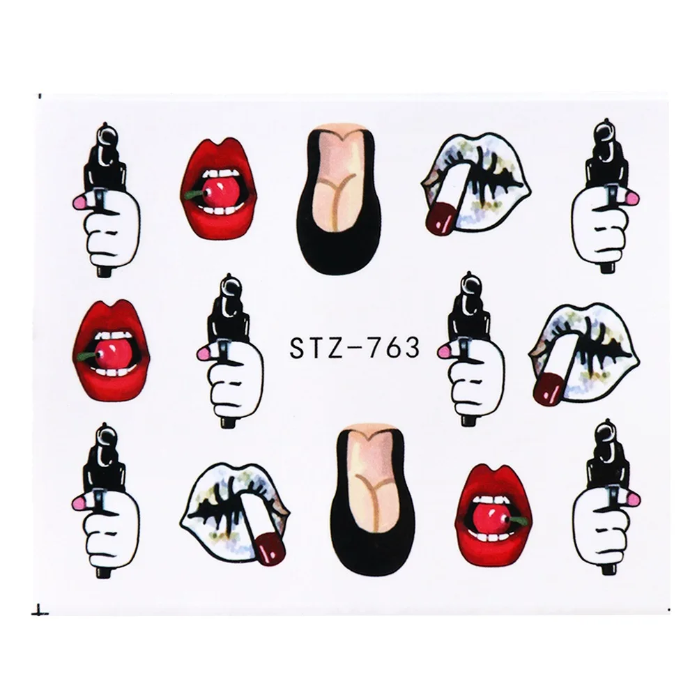 9 Design Set Press On Nails Art Salon Professional Water Transfer Nail Art Stickers Sexy Lips 