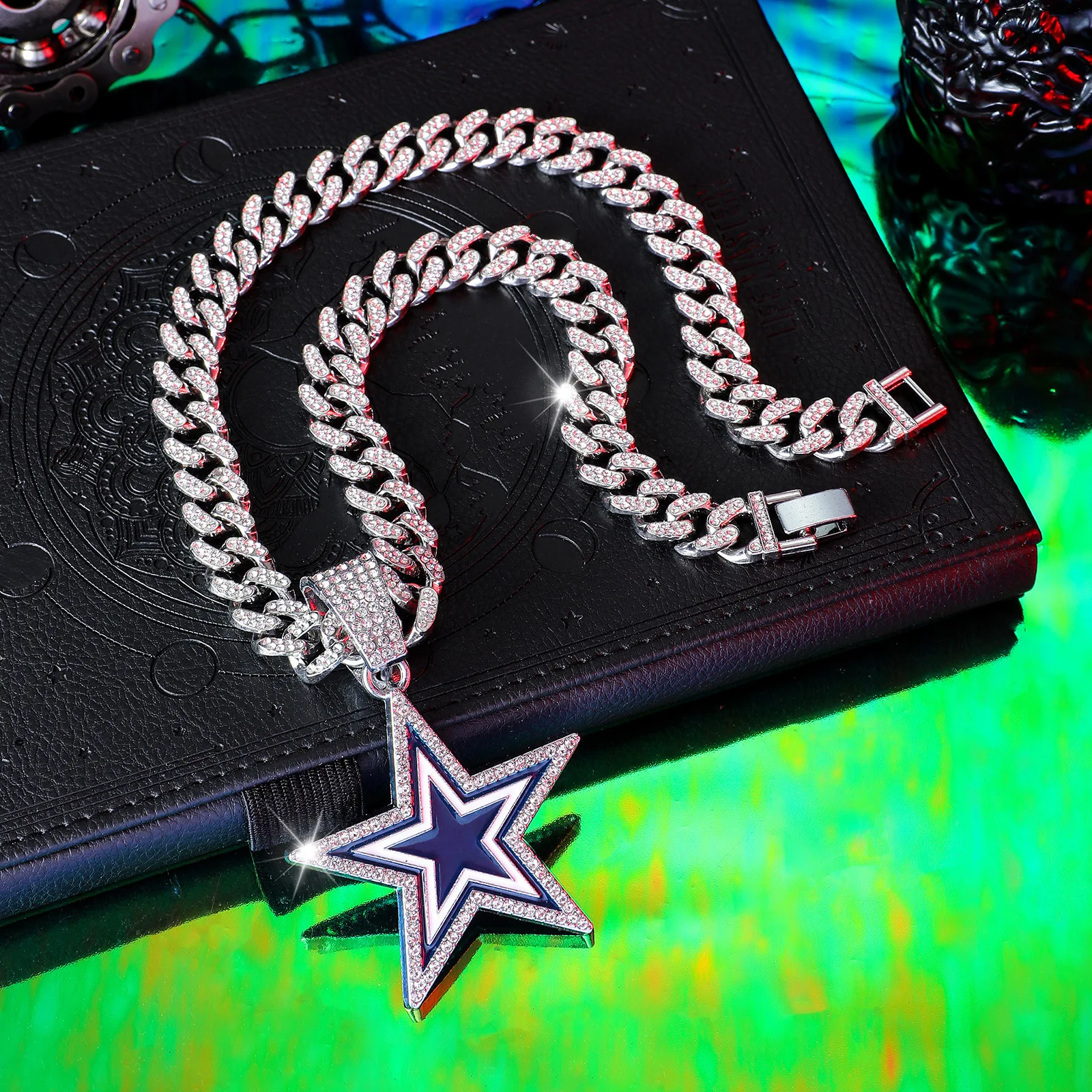 product european american style full diamond blue five pointed star pendant necklace fashionable hip hop design for men women for gift-2