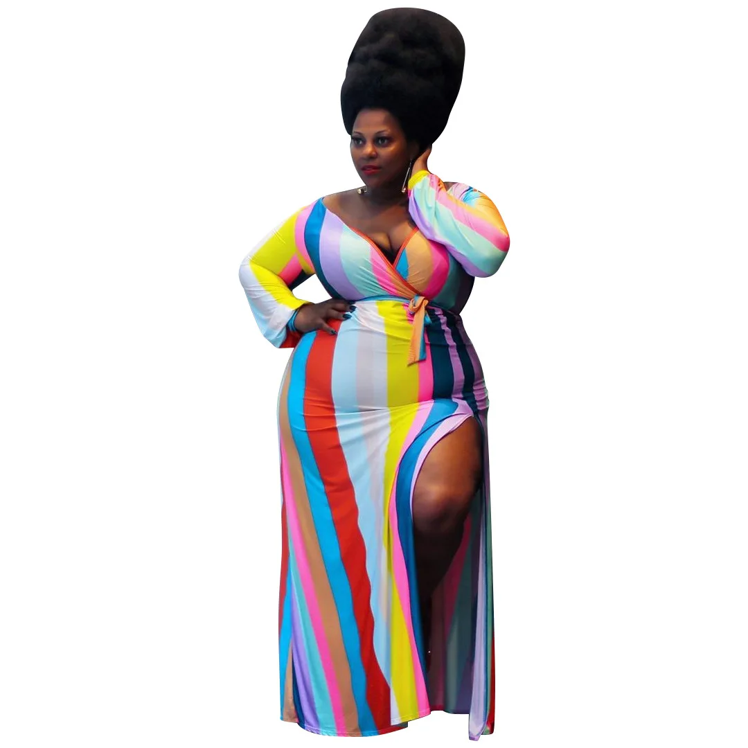 
Autumn Hot Sale Fashion Women Dress Rainbow Color Bandage Split Deep V-neck Long Dresses Women Casual Sexy Plus Size Dress 