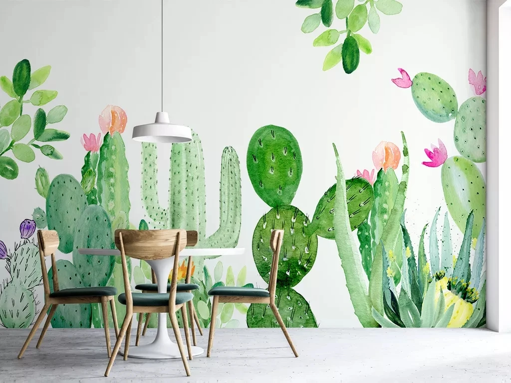 北欧手绘仙人掌热带植物电视背景墙装饰画