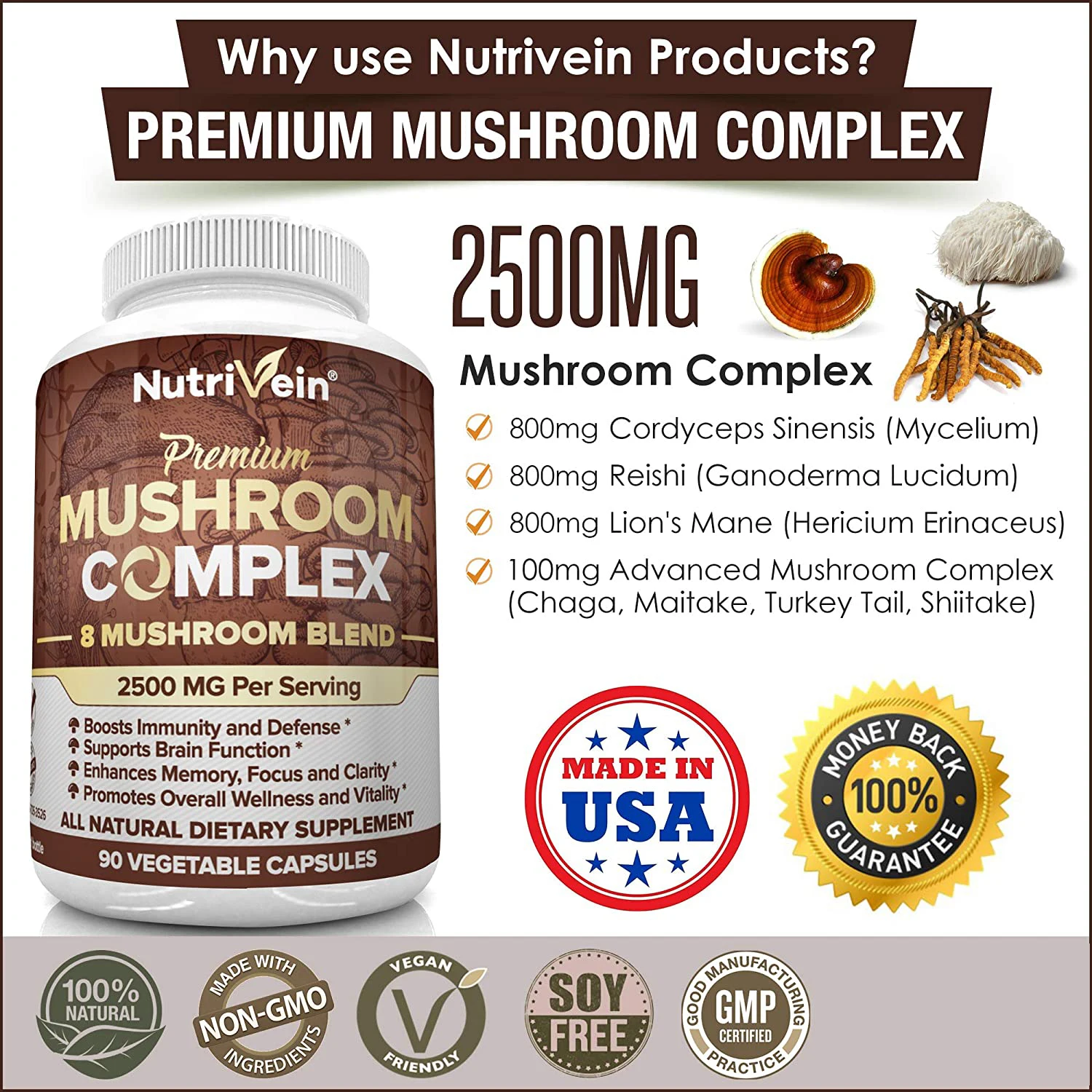 Organic Mushrooms Nutrivein Mushroom Supplement 2500mg Immune System