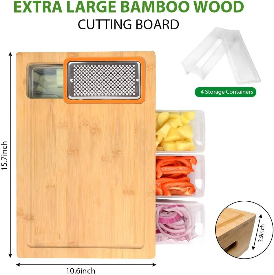 Bamboo Cutting Board With Containers,Lids,And Graters,Large Wood