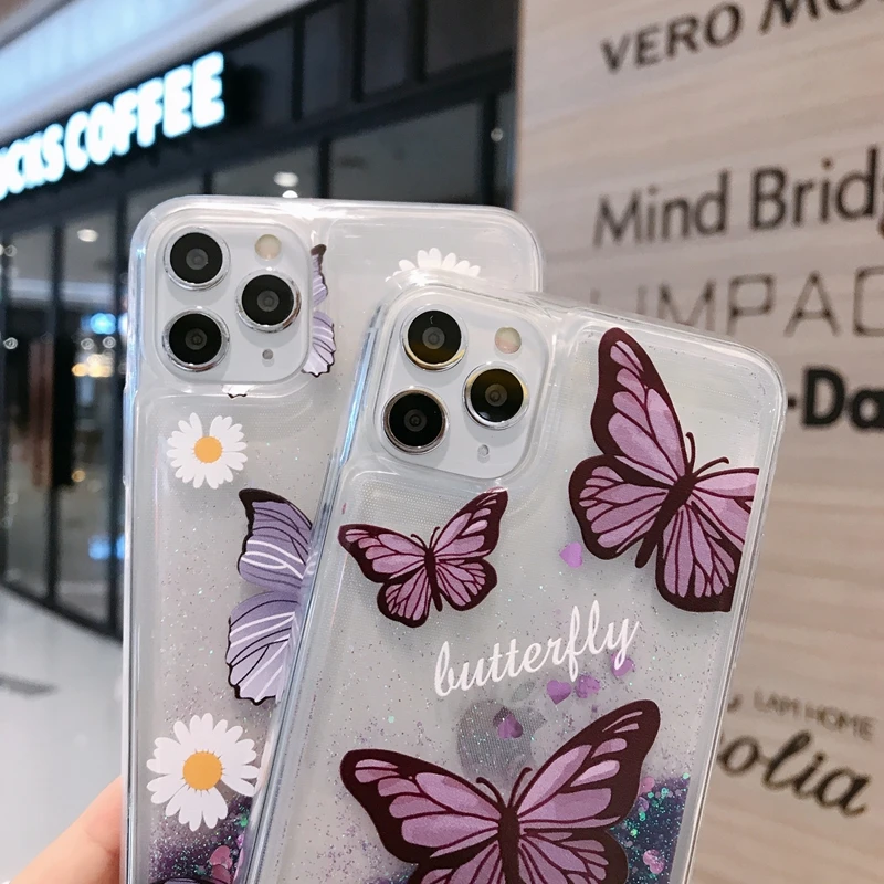 Butterfly Purple Quicksand Glitter Tpu Transparent Mobile Phone Case For Iphone 12 Pro Max 12 Mini 12pro 11 Pro Xs Xr Buy Butterfly Quicksand Liquid Glitter Girls Tpu Phone Case 3d Butterfly