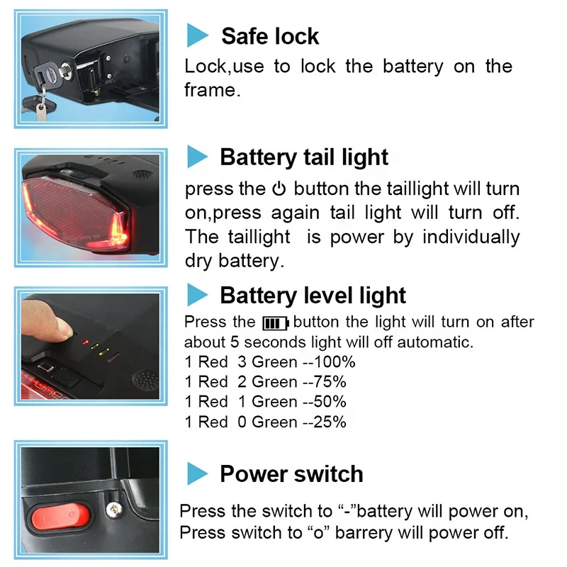 UPP brand Charging function rear rack style battery 36v 10ah Lithium ion electric bike battery