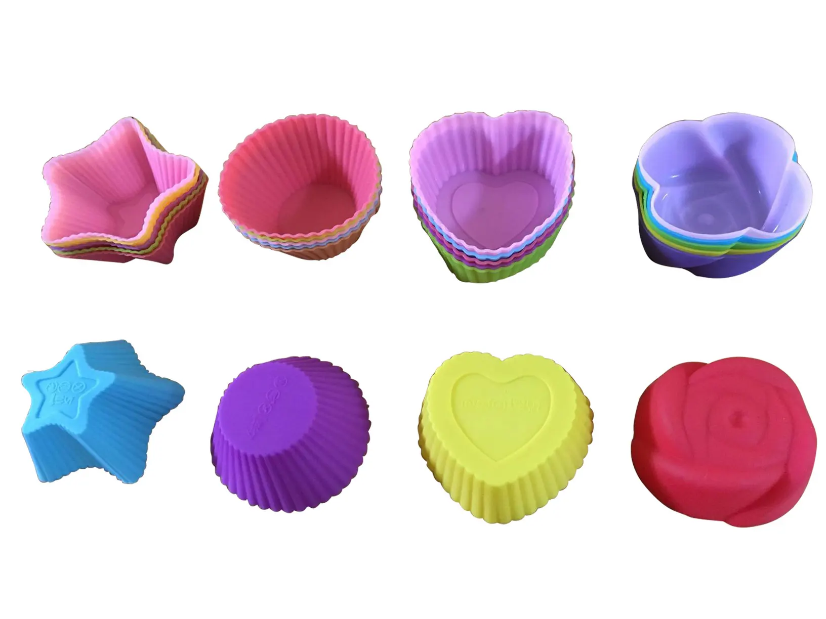 Silicone Cupcake  Reusable Baking Cups Nonstick Easy Clean Pastry Muffin Molds Set of 4 Shapes Round StarsHeart Flowers
