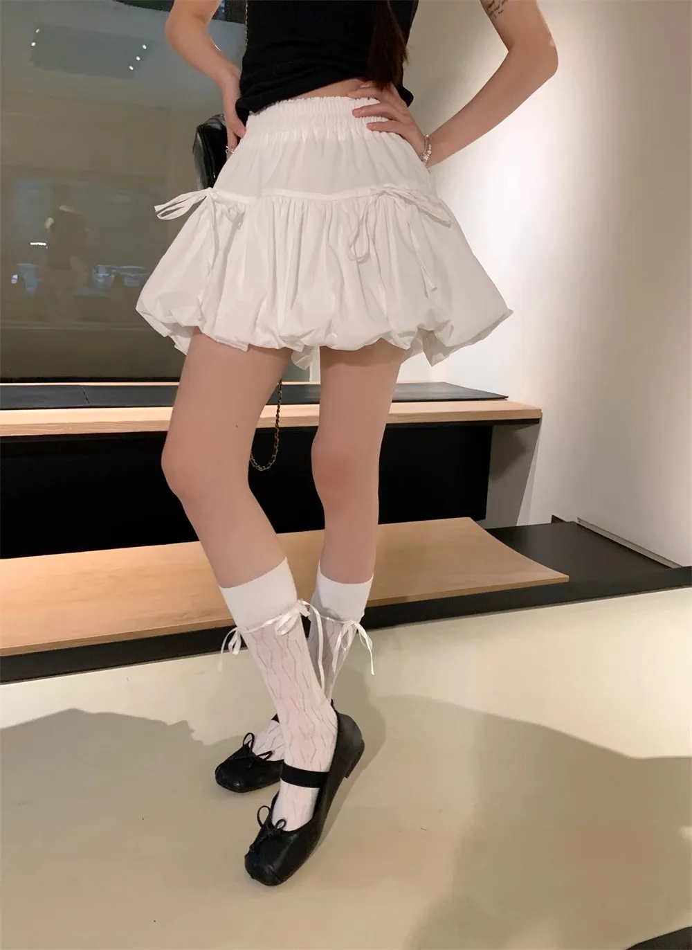 Bow Tie Tulle Mini Skirt White a Line Cute Street Style