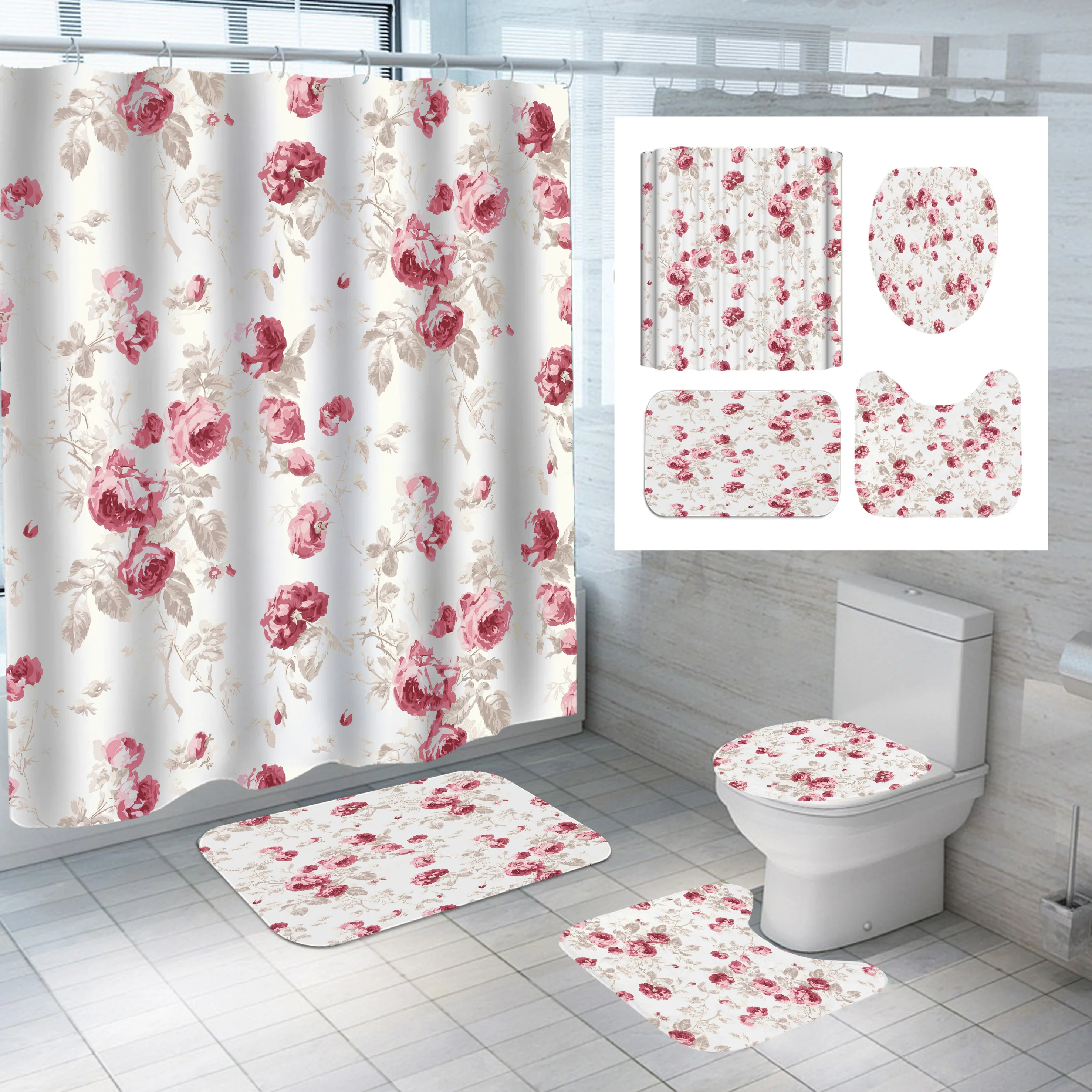 Details about   Bath Shower Curtain Bathroom Waterproof Fabric 3D Flower Printed w/Hooks US 