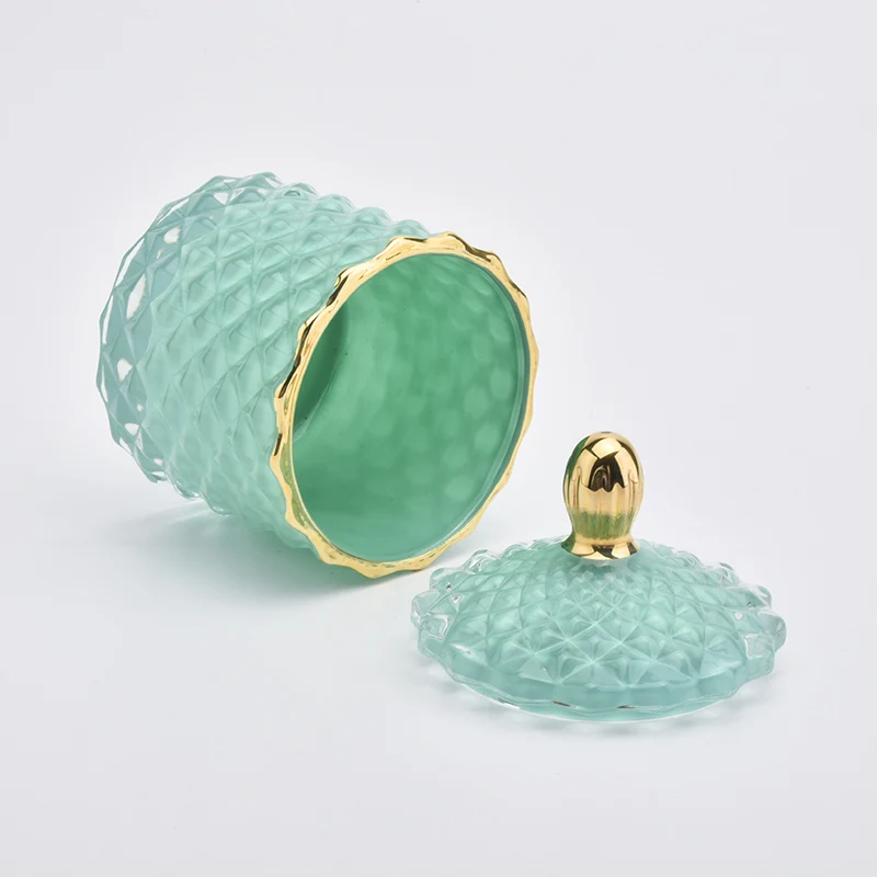 Gold Rim Solid Green Glass Candle Jar with Lids Home Decor Wholesales