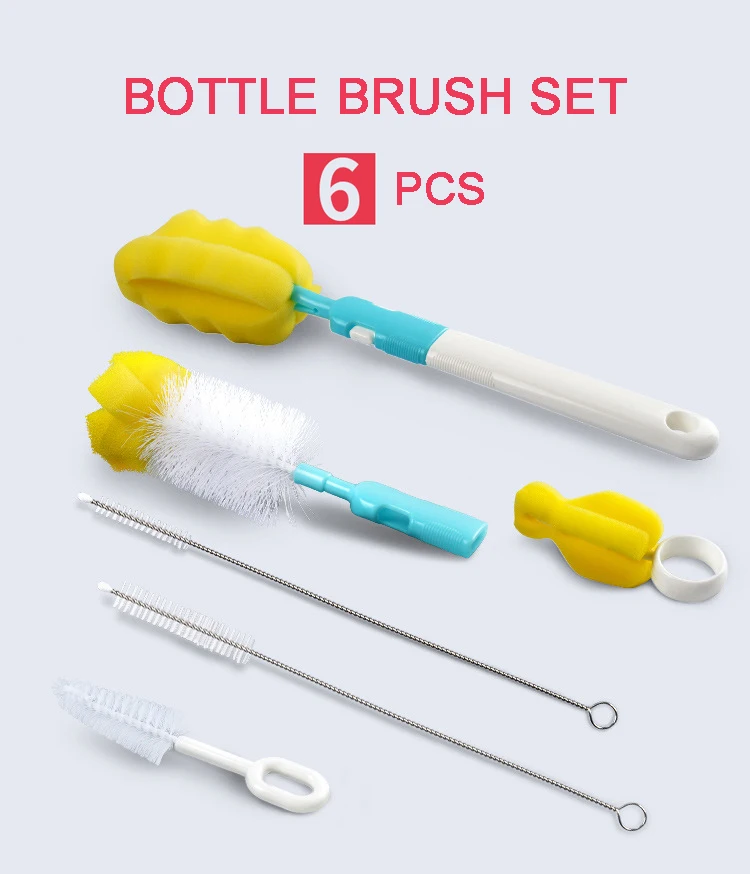 6Pcs/set Sponge Cleaning Cup Bottle Brushes Set Nipple Baby Washing Bottle Brush
