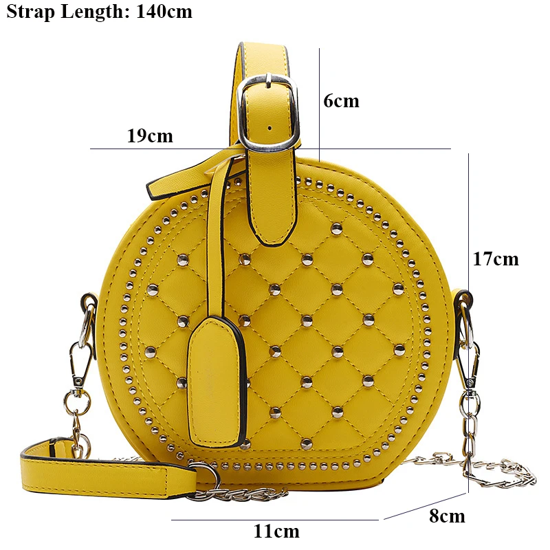 Fashion Rivet Round Pu Leather Women Chains Handbag 2020 Diamond Lattice Shoulder Bag Lady 2516