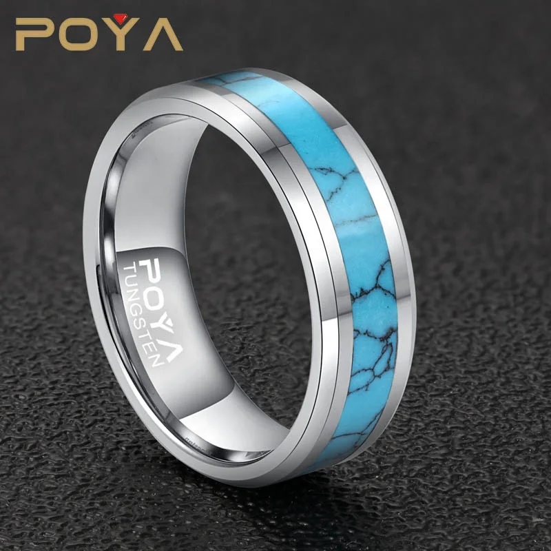 Poya 8mm Mens Silver Tungsten Ring And Turquoise Inlay