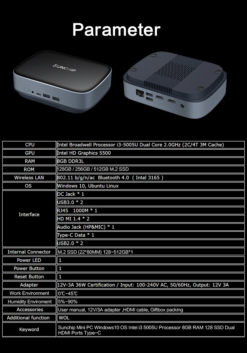 oem portable mini pc intel i3 5005u win 10 8gb ram 128gb ssd