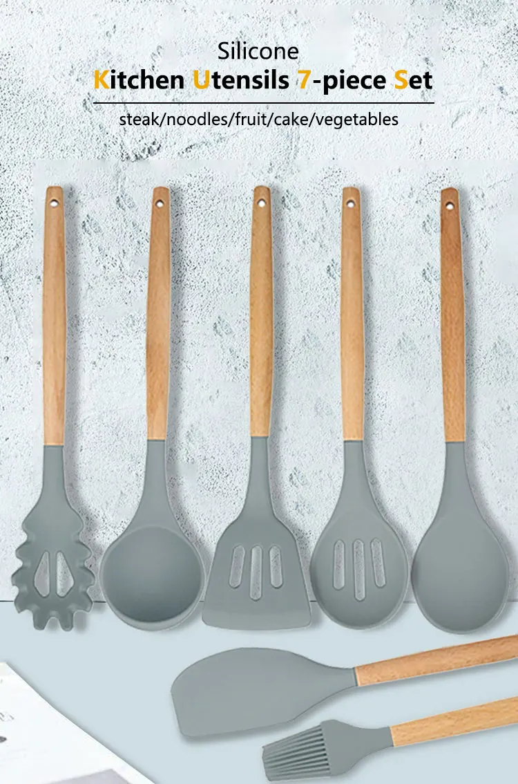 Amazon Hot Selling 7pcs Cooking Utensils Set With Natural Wood Handle For Nonstick Cookware Best Kitchen Tools Silicone Utensil Buy Silicone Utensil Set Silicone Kitchen Utensil Set Amazon Hot Selling 7pcs Cooking Utensils
