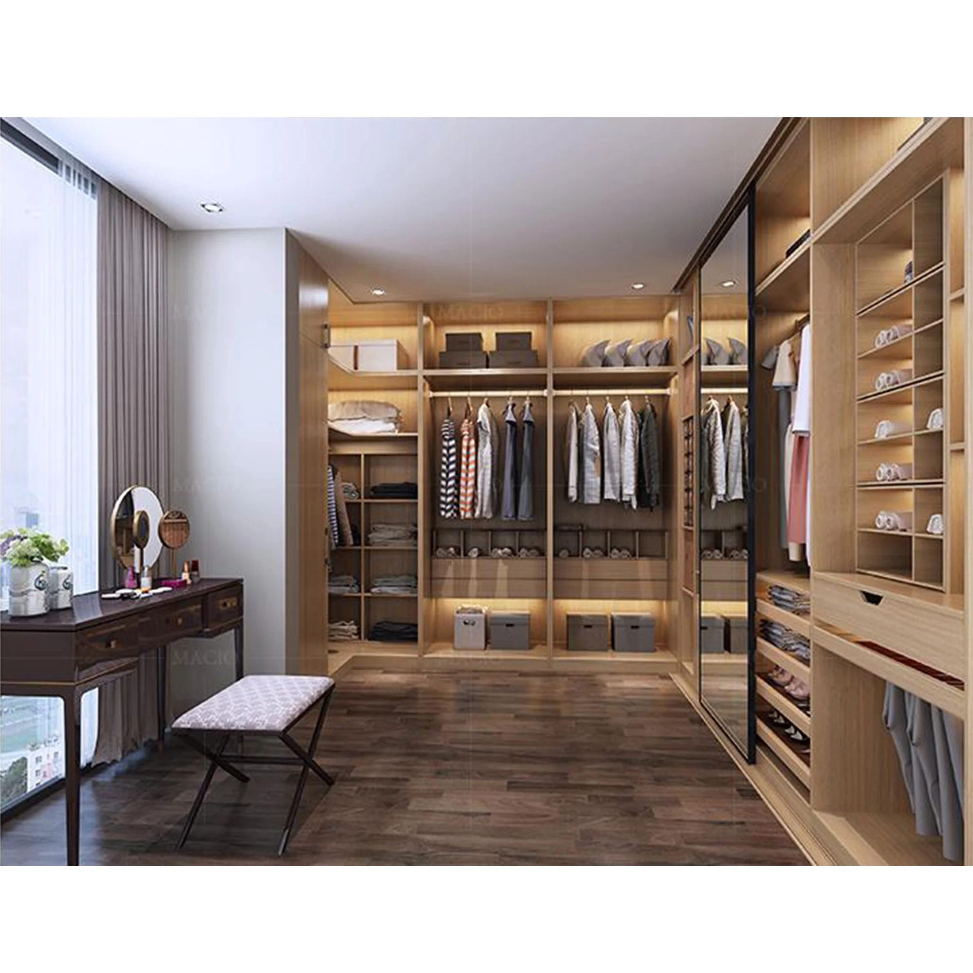 NICOCABINET Hoge Kwaliteit Bespoke Functionele Moderne Grote Walk in Closet Houten Kast met Verdelers en Laden