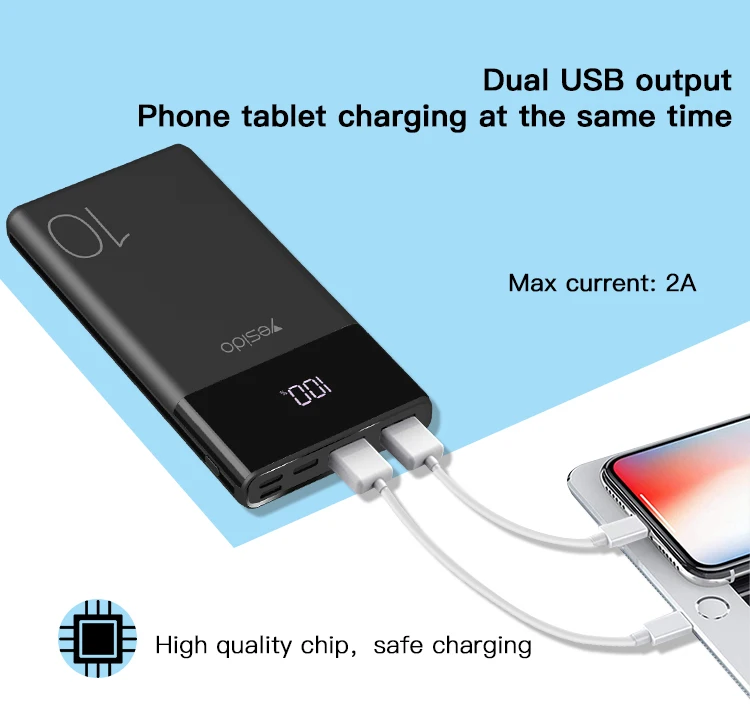 Yesido High Capacity Powerbank Dual Usb Port Mobile Phone 10000Mab Power Bank Portable