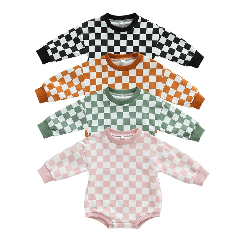 2023 Fall Retro Checkerboard Baby Boy Girl Oversized Sweatshirt Romper