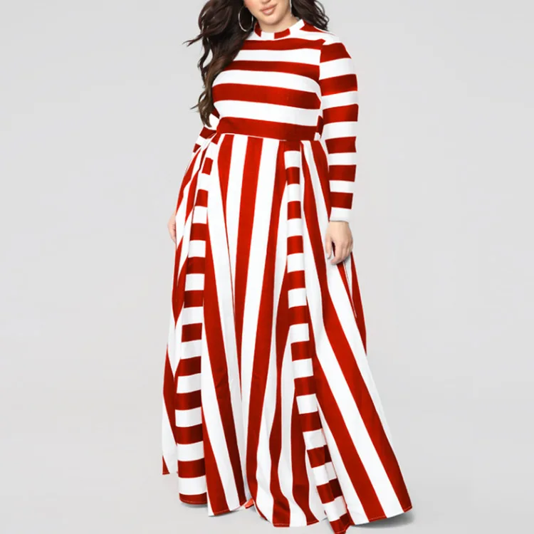 Km Large Size Spring Summer Fat Women Loose Long-sleeved Striped Dress