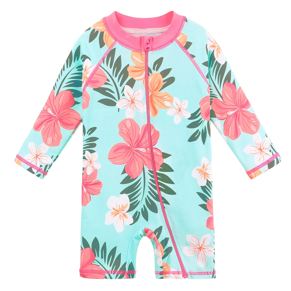 Baby Swimwear Girls Cyan Flower Upf 50+ Kids Swimwear Long Sleeve ...