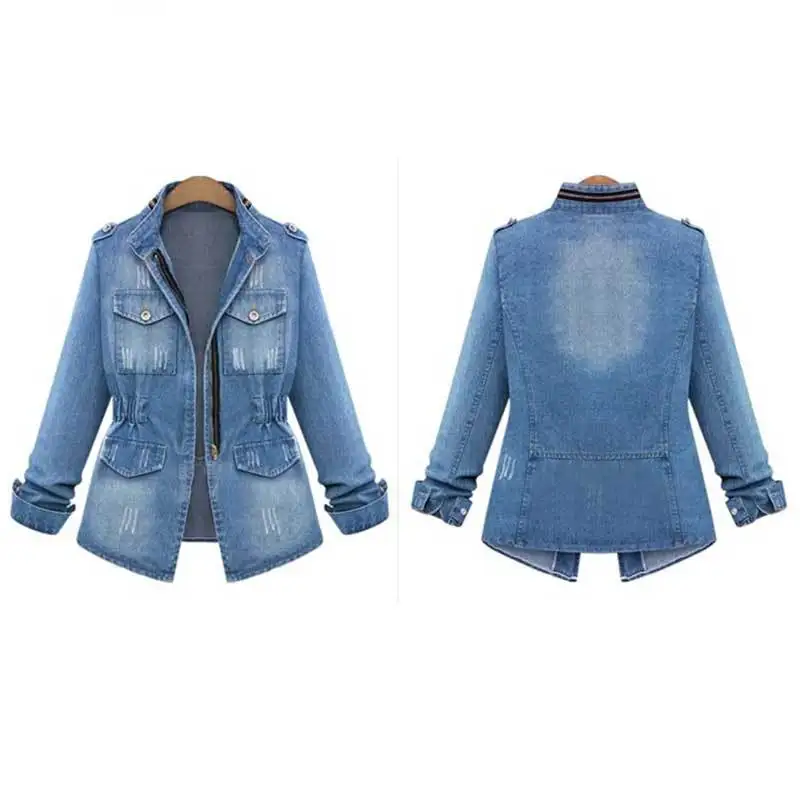 Distressed Zip Up Giubbino Donna European Turnhout Women Long Jean Jacket Plus Size