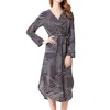 Women's Puffy Swing Dresses Striped Long Sleeve Fashion Midi Work Split Casual Dress with Belt