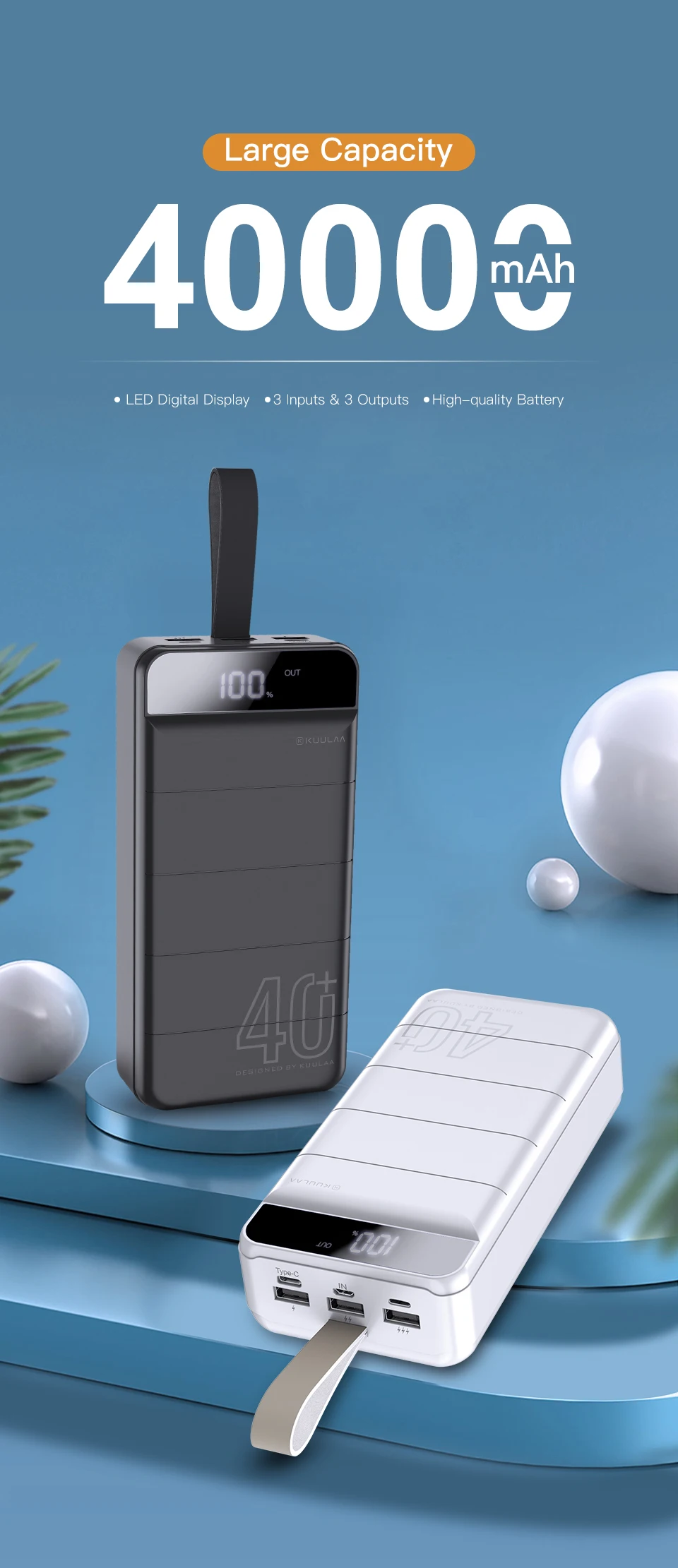 KUULAA High Capacity Camping 40000mAh Led Digital Display Portable Power Bank with Lead Light and Leather Lanyard - ANKUX.COM