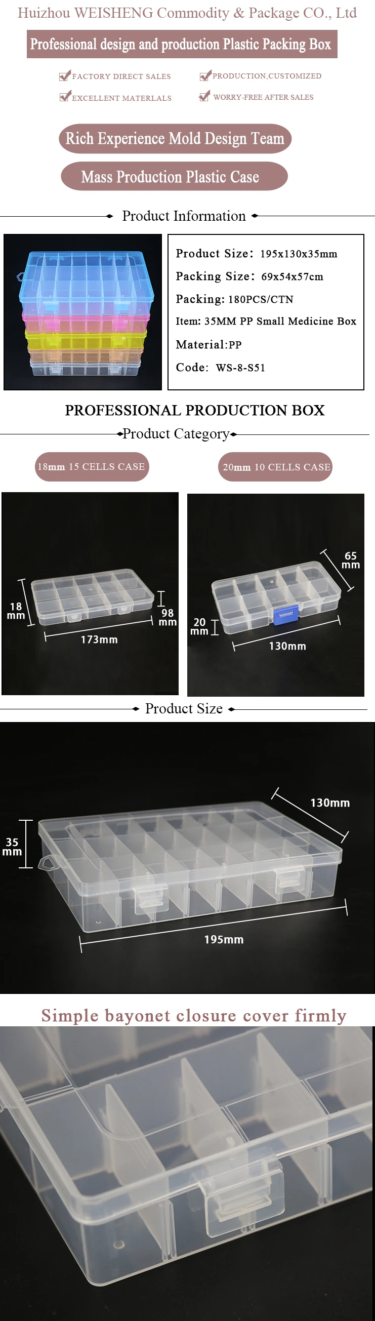 Weisheng Custom 35mm PP Case with Removable Compartments Plastic Storage Case 24 Slots Storage Craft Box Organizer