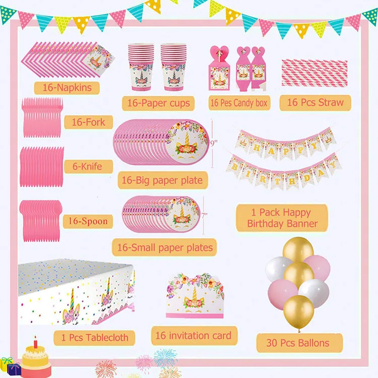 
Nicro 192 Pcs Kids Birthday Party Decorations Set Rainbow Unicorn Party Supplies 