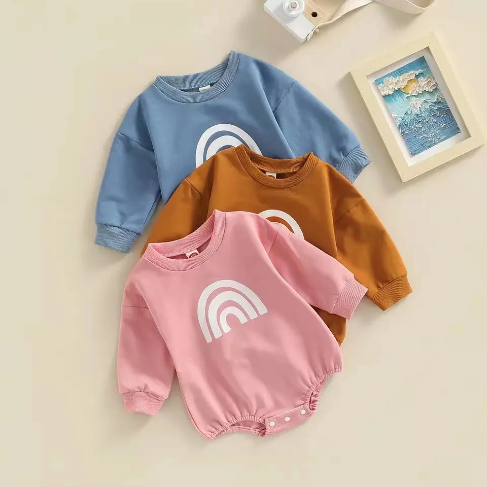 2023 Rainbow Letter Printed Baby Girl Boy Crewneck Sweatshirts Bubble Onesie Long Sleeve