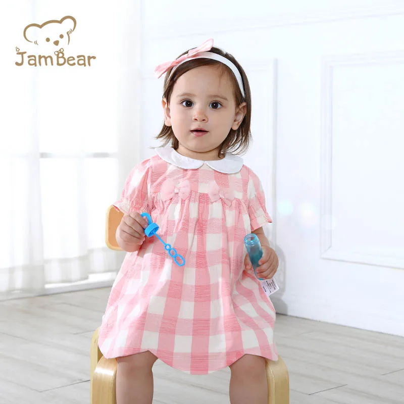 JamBear Baby Dresses 100% Organic Cotton Pink For Girls Checked Dress Infants Skirt Baby Summer Dress