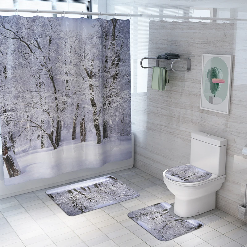 Scenery Shower Curtain Lid Toilet Cover Bath Mat Rug with Hooks Bathroom Accessory Sets