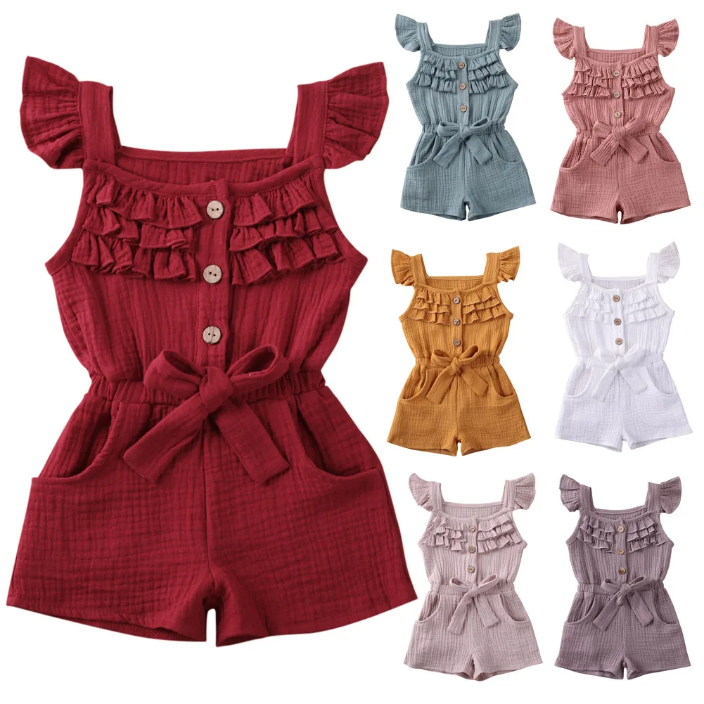 

Toddler Kids Baby Girls Rompers Solid Ruffles Short Sleeve Bowknot Jumpsuit Outfits Clothes