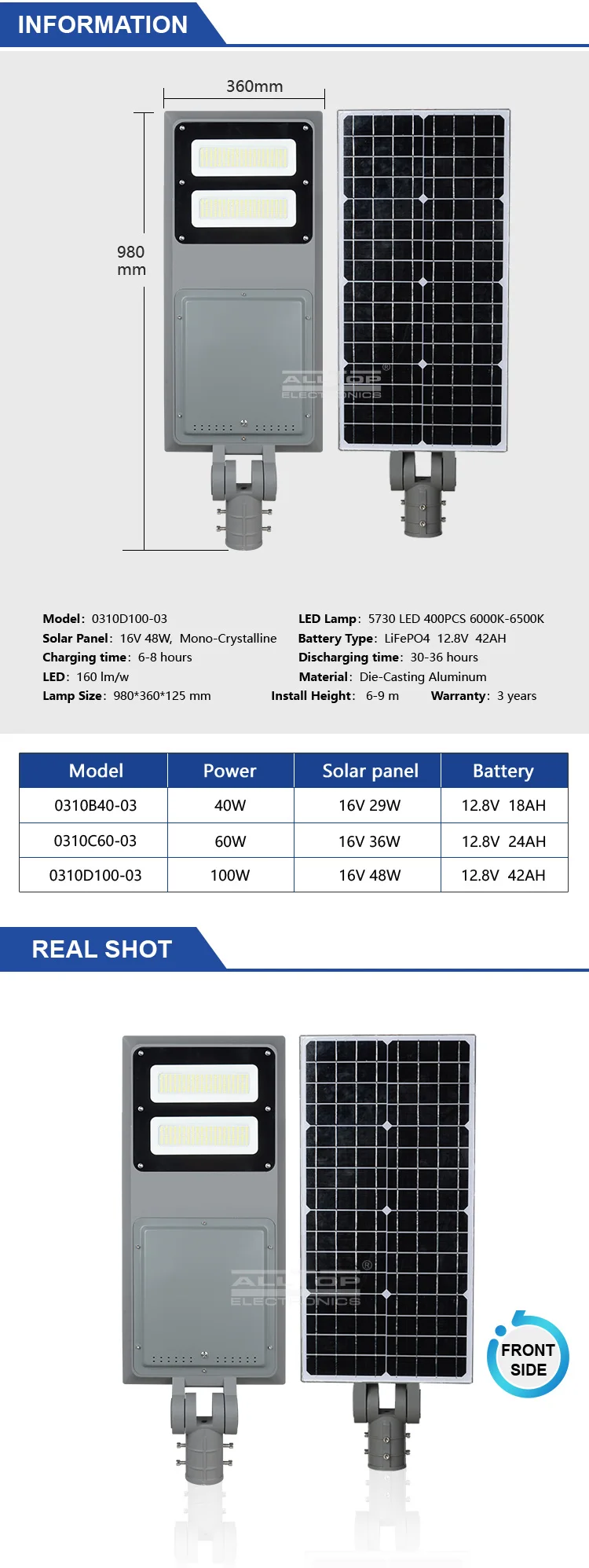 ALLTOP High power IP65 outdoor waterproof 40w 60w 100w integrated all in one led solar street light