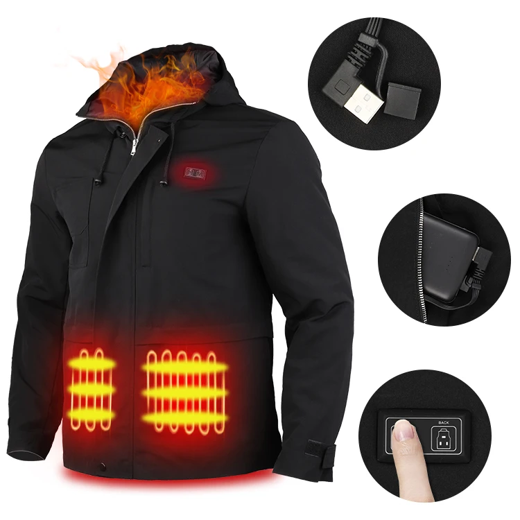 12V heated jacket with visible heating zones and USB-C battery input
