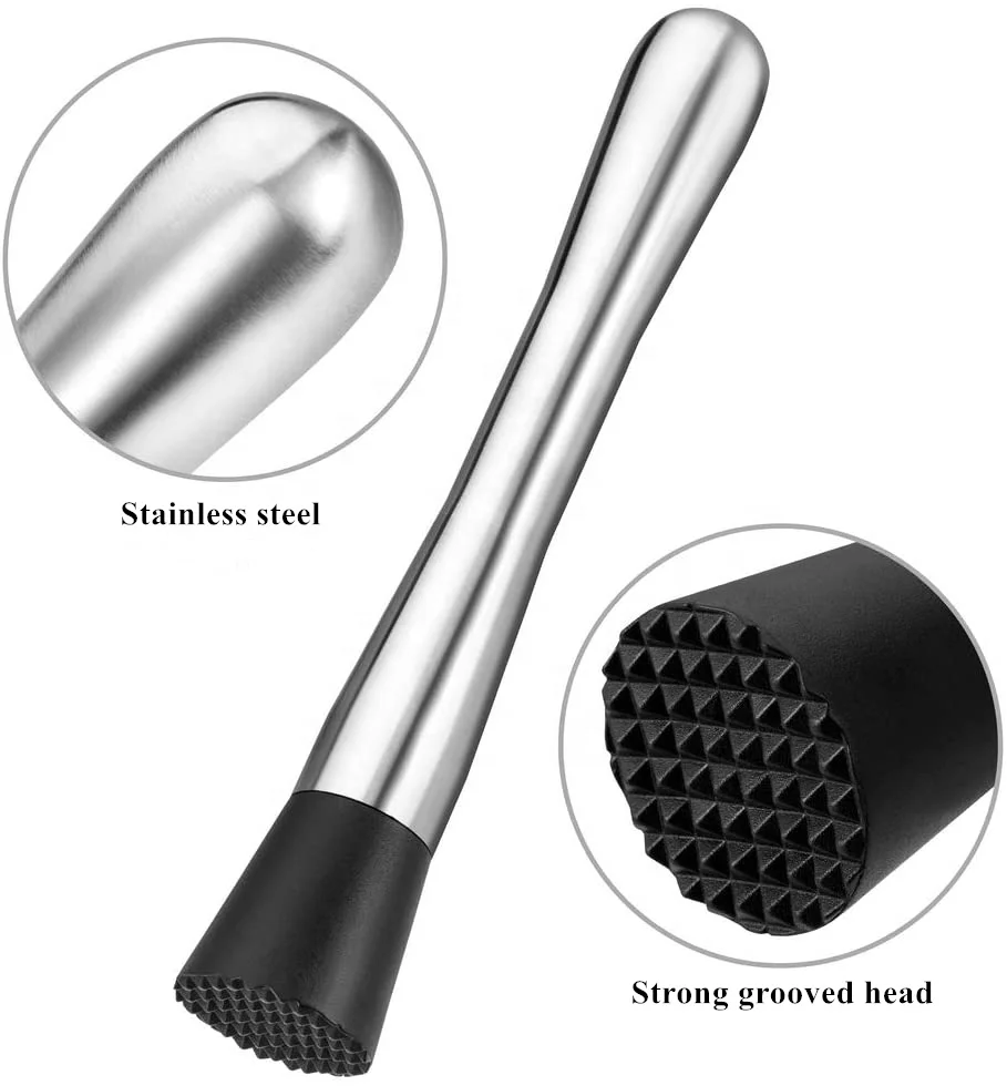 KRONDO 8 inch Stainless Steel Cocktail Muddler Professional Bar Tools Pestle Fruit Crusher Kitchen Rest Long Muddler or Home for Making Mojito Mix and Other Fruit Drinks-Black 