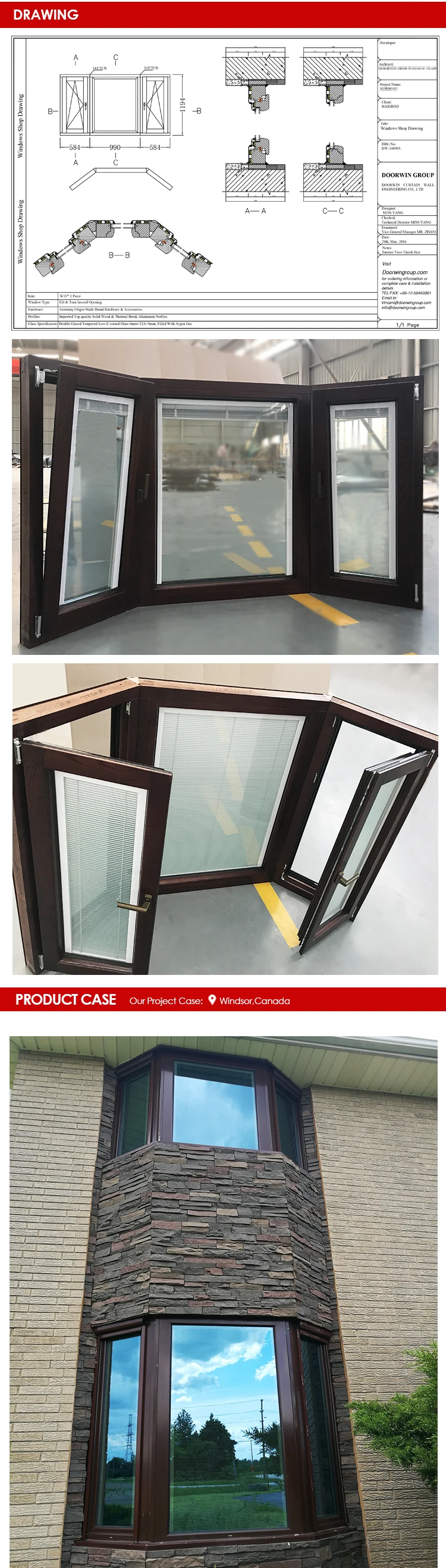 Custom Size Impact-resistant Commercial Storefront double glass aluminium bay sale picture wooden fixed windows