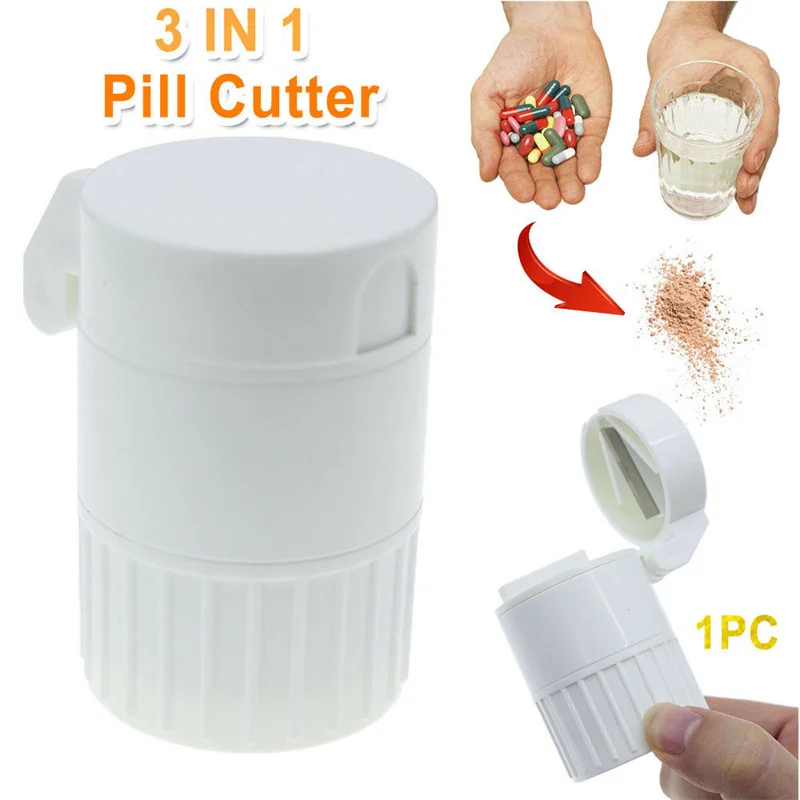 Pill Cutter Grinder,3in1 Pill Storage Organizer Box Case Multifunctional Round Tablet Splitter