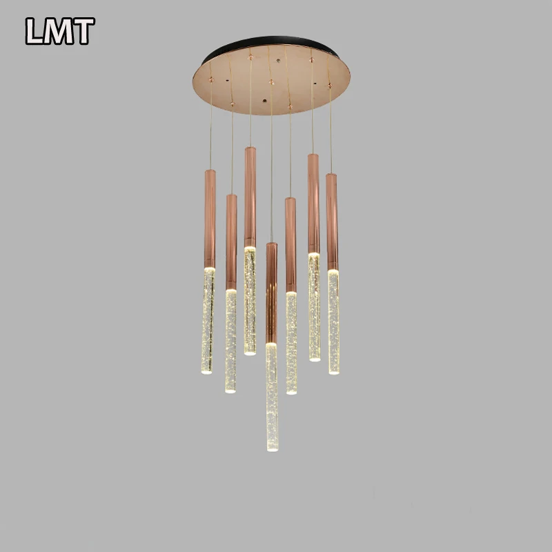 Dining room rectangle rose gold pendant lights long style rotating staircase bubbles crystal ceiling chandelier