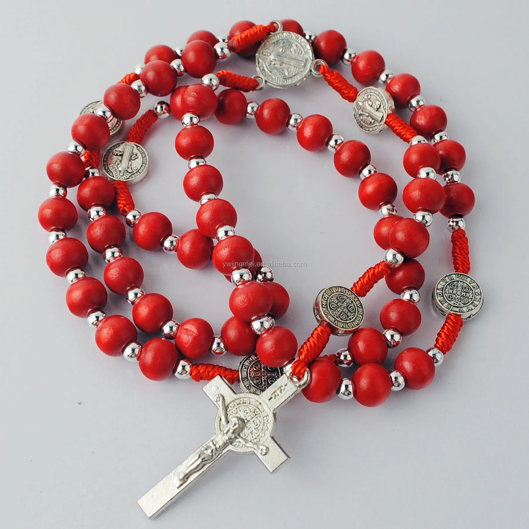 8mm Red Color Wooden Round Beads Catholic Rosary With Religious St