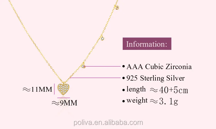 POLIVA 925 Sterling Silver Gold Plated Jewelry Women Cz Zircon Heart Pendant Gold Necklace