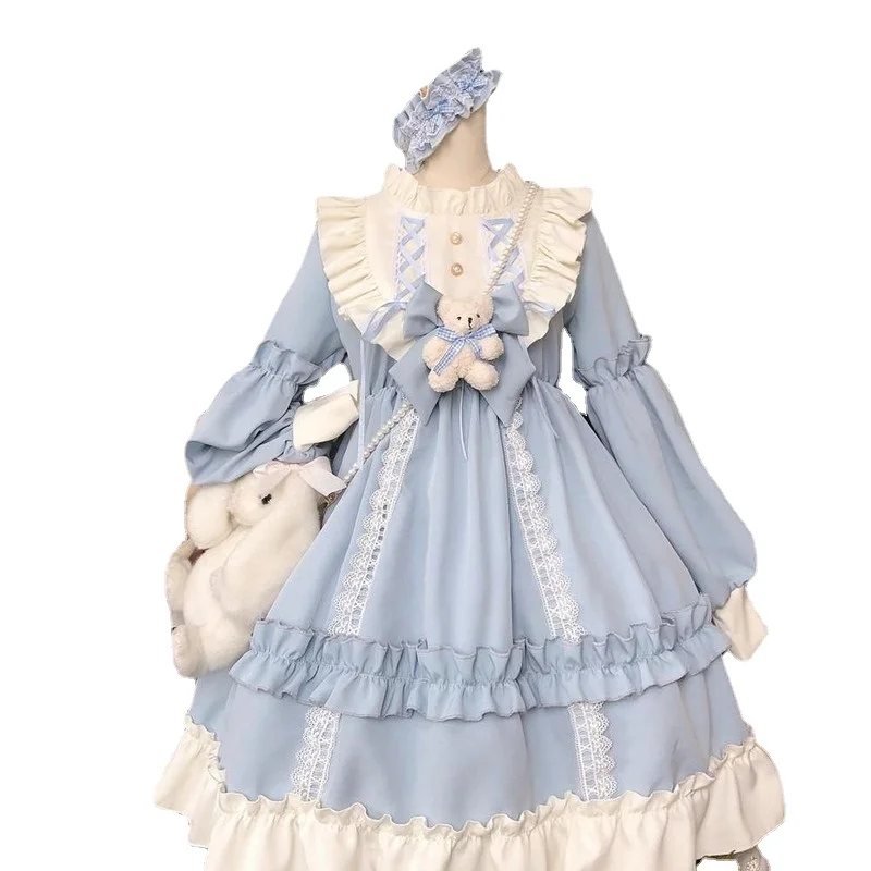 kawaii blue dress Kawaii Lolita JSK Dress Embroidery Flounce Hem