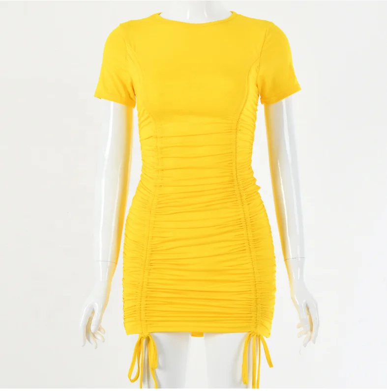 
Women clothing o-neck solid color hip wrap sexy ruffled bandage casual dresses 