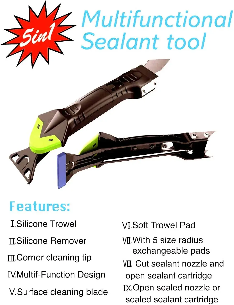 Caulking Tool Kit 5 In 1 Caulking Tools(stainless Steel Head) Silicone