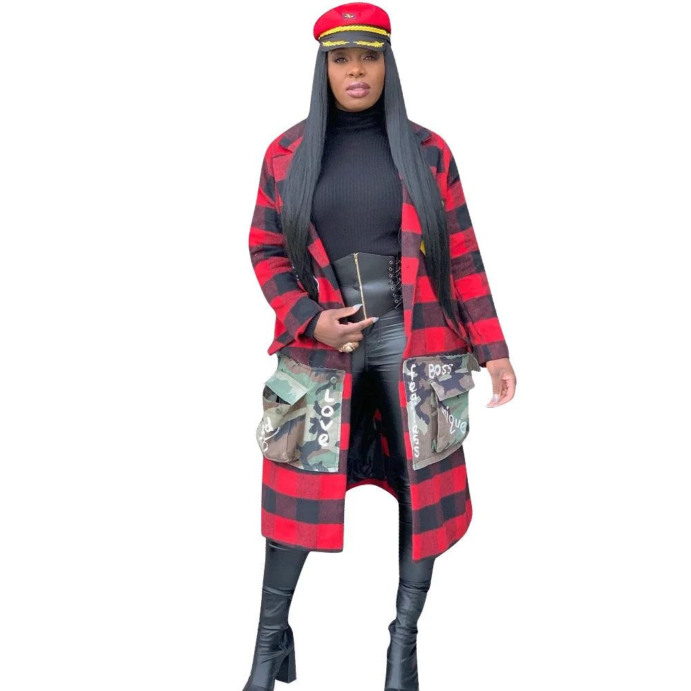 Women Long Coat Plaid Grid Printed Winter Autumn Fall Cardigan Long Letters Camo Print Floral Maxi Jacket for Ladies RS00220